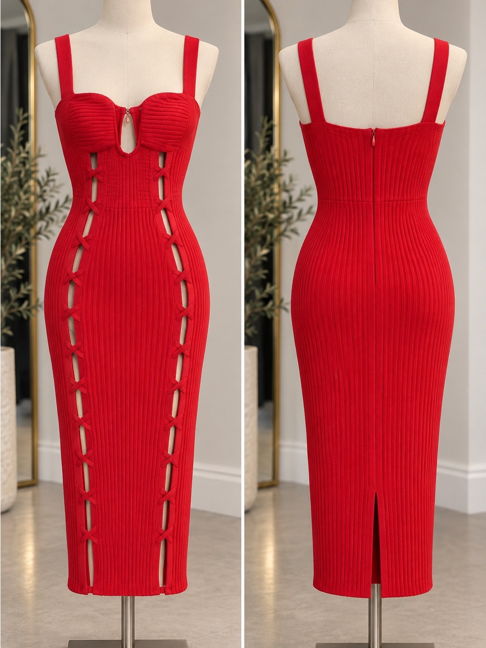 Fashion Nova Red Ribbed Cutout Midi Dress